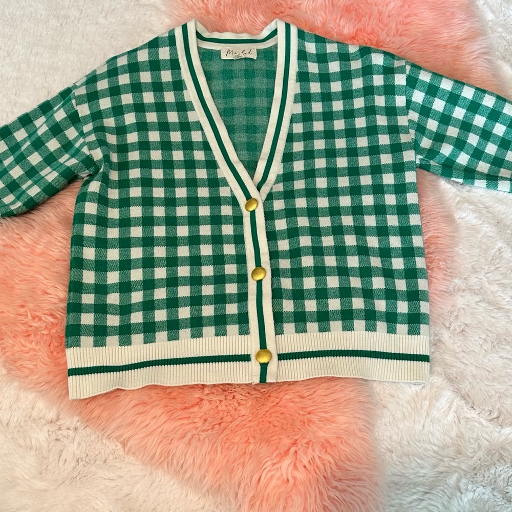 Marled Green Gingham Sweater Sz M
